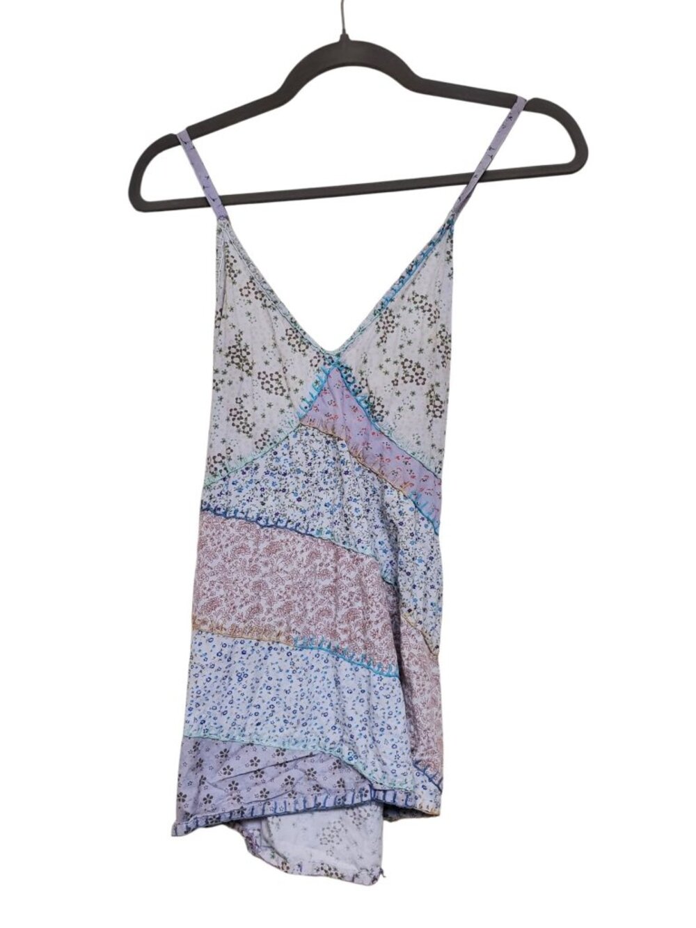 Blue Sky Vintage Retro Mixed Media Embroidered Patchwork Boho Hippie Tank Sz L